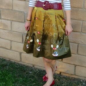 Anthropologie Maeve Whimsical Bird Cotton Silk Pleated Skirt 8